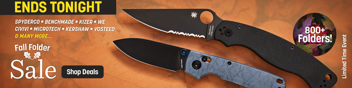 Limited time event. Fall Folder Sale. 800+ Folders. Spyderco, Benchmade, Kizer, We, Civivi, Microtech, Kershaw Vosteed and Many More... Shop Deals