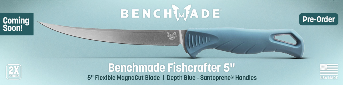Coming Soon! USA Made Benchmade Fishcrafter 5 inch. 5.97 inch flexible MagnaCut blade and Depth Blue Santoprene Handles. Double Points. Pre-Order