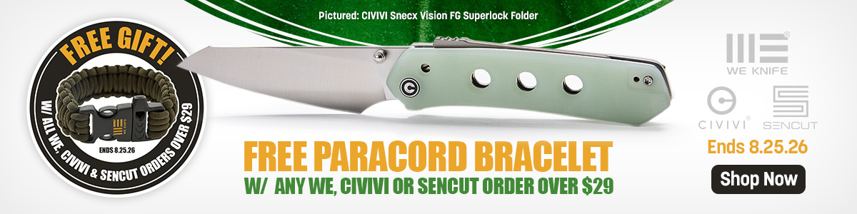 Free Paracord Bracelet with any We, Civivi or Sencut Order Over $29. Ends 8.25.26. Shop Now