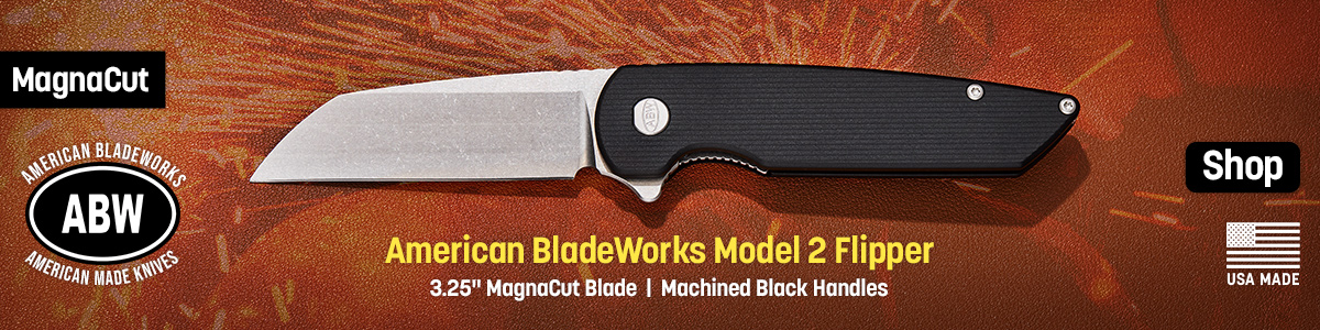USA Made MagnaCut American BladeWorks Model 2 Flipper with 3.25 inch MagnaCut Blade and Machined Black Handles. American Made Knives
