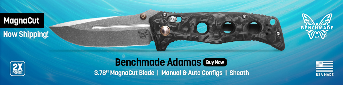 USA Made Benchmade Adamas with 3.78 inch MagnaCut blade in manual and auto configs, with a sheath. 2X Points. Now Shipping. Buy Now