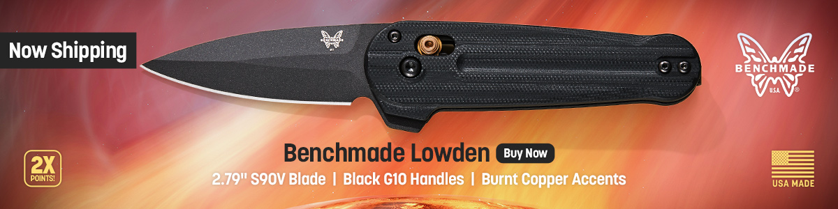 Now Shipping! USA Made Benchmade Lowden with 2.79 inch S90V Blade, Black G10 Handles and Burnt Copper Accents. Double Points. Buy Now