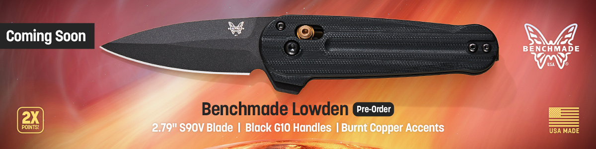 Coming Soon! USA MAde Benchmade Lowden with 2.79 inch S90V Blade, Black G10 Handles and Burnt Copper Accents. Double Points. Pre-Order