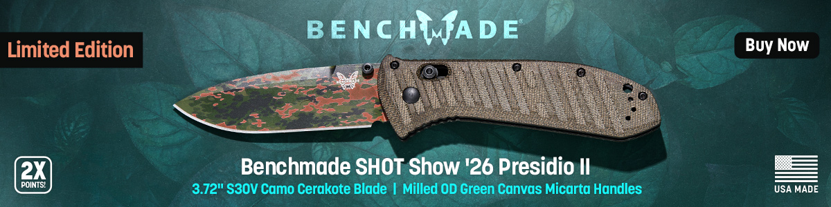 Double Points and USA Made Limited Edition Benchmade SHOT Show '26 Presidio 2 with 3.72 inch S30V Camo Cerakote Blade and Milled OD Green Canvas Micarta Handles. Buy Now