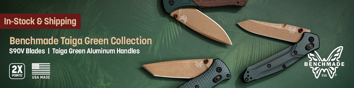 In Stock and Shipping: Taiga Green Benchmade Collection. Double Points and USA Made. S90V Blades and Taiga Green Aluminum Handles.. Pre-Order Now