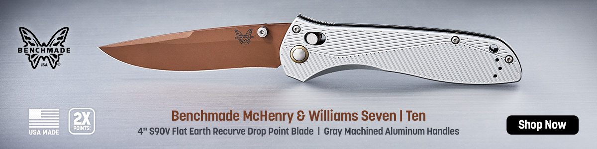 A photo of an open folder on gray with text reading 'USA Made Benchmade McHenry and Williams Seven | Ten - Shipping  Thursday 6/27! 4 inch S90V Flat Earth Recurve Drop Point Blade and Gray Machined Aluminum Handles' There's a call to action reading 'Pre Order Now'