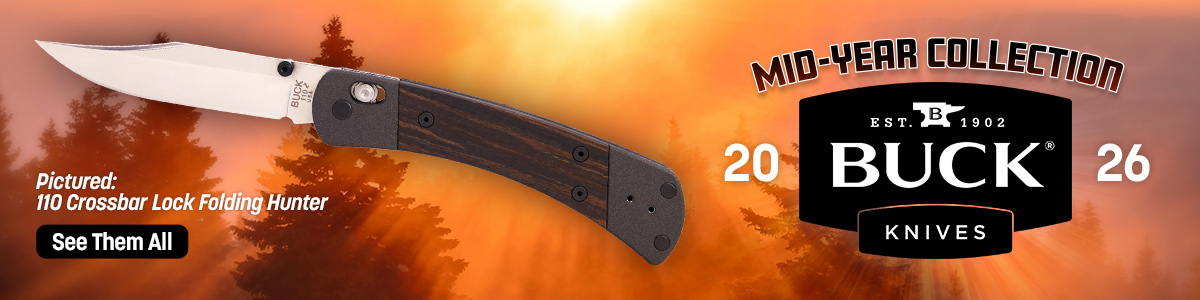 New Models: 2026 Buck Knives Mid-Year Collection. Picturing: 110 Crossbar Lock Folding Hunter
