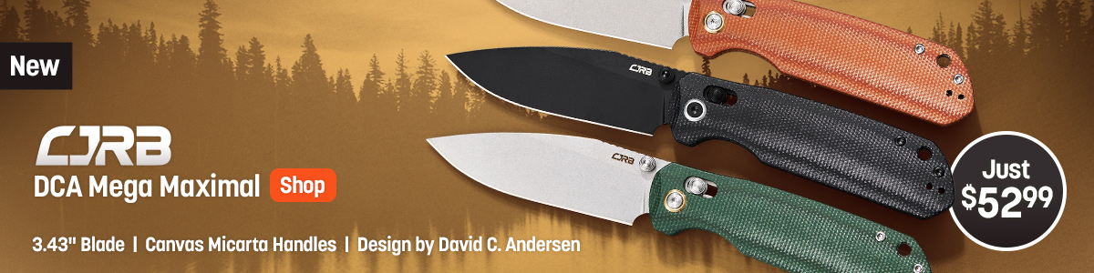 New CJRB DCA Mega Maximal Just $52.99 with 3.43 inch blade, canvas micarta handles. Design by David C. Andersen. Shop