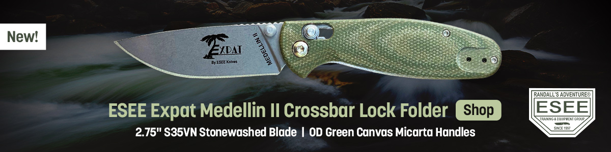 New Esee Expat Medellin 2 Crossbar Lock Folder 2.75 inch S35VN Stonewashed Blade and OD Green Canvas Micarta Handles. Shop
