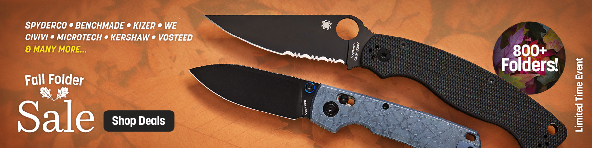Limited time event. Fall Folder Sale. 800+ Folders. Spyderco, Benchmade, Kizer, We, Civivi, Microtech, Kershaw Vosteed and Many More... Shop Deals