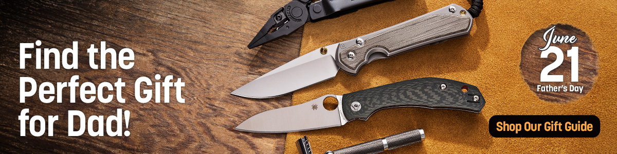 A photo of 2 folding knives, a multi-tool and a safety razor with text reading 'June 18 Father's Day: So Many Perfect Gifts for Dad!' There's a call to action reading 'See them All'