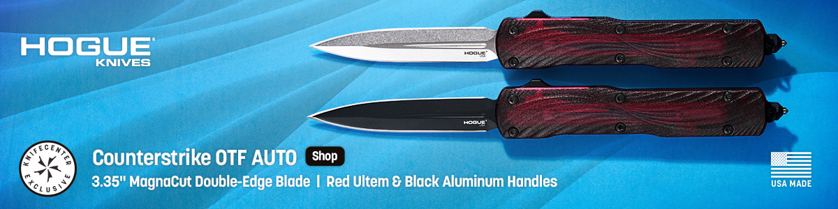 10% Off Introductory Special! USA MAde Hogue Counterstrike OTF AUTO with 3.35 inch MagnaCut Double-Edge Blade and Red Ultem and Black Aluminum Handles. Shop