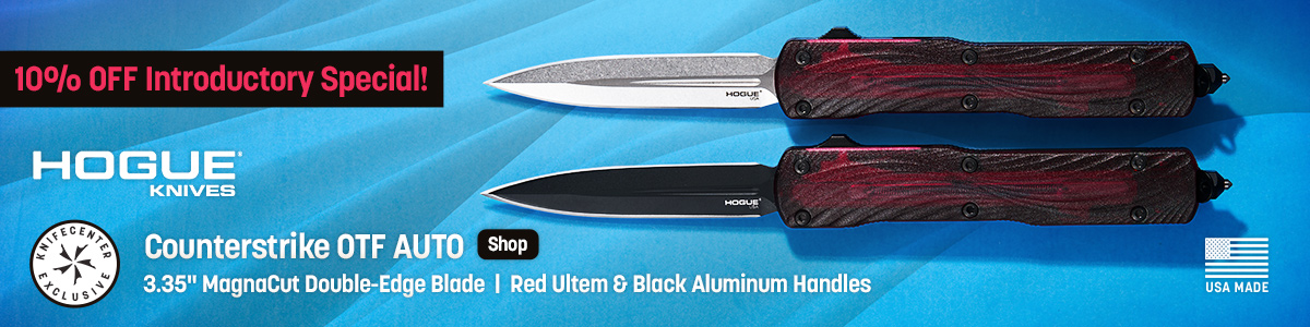 10% Off Introductory Special! USA MAde Hogue Counterstrike OTF AUTO with 3.35 inch MagnaCut Double-Edge Blade and Red Ultem and Black Aluminum Handles. Shop