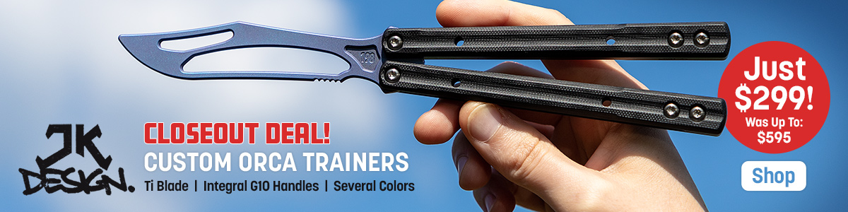 Closeout Deal! JK Design Custom Orka Trainers with Ti Blades, Integral G10 Handles and Several Colors. Just $299! Was Up To $575. Shop