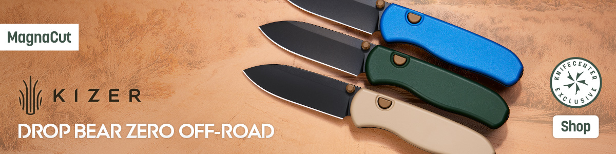 New KnifeCenter Excusive Kizer Drop Bear Zero Off Road with 3.1 inch MagnaCut Ultra Drop Point Blade and Off Road Aluminum Handles. Shop