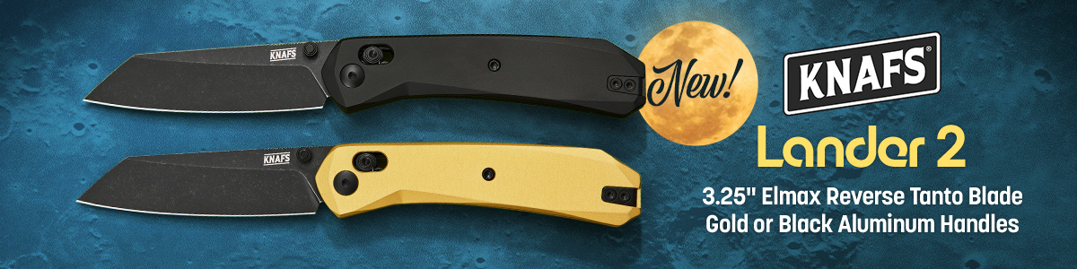 New! Knafs Lander 2 with 3.25 inch Elmax Reverse Tanto Blade and Gold or Black Aluminum Handles