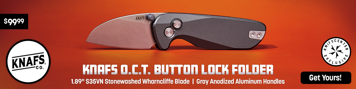 KnifeCenter Exclusive Knafs O.C.T. Button Lock Folder with 1.89 inch S35VN Stonewashed Wharcliffe Blade and Gray Anodized Aluminum Handles. Get Yours: $99.99.