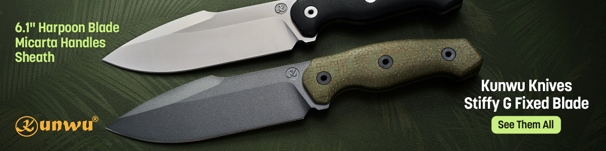 Kunwu Knives Stiffy G Fixed Blades with 6.1 inch Harpoon Blade, Micarta Handles and Sheath. See Them All