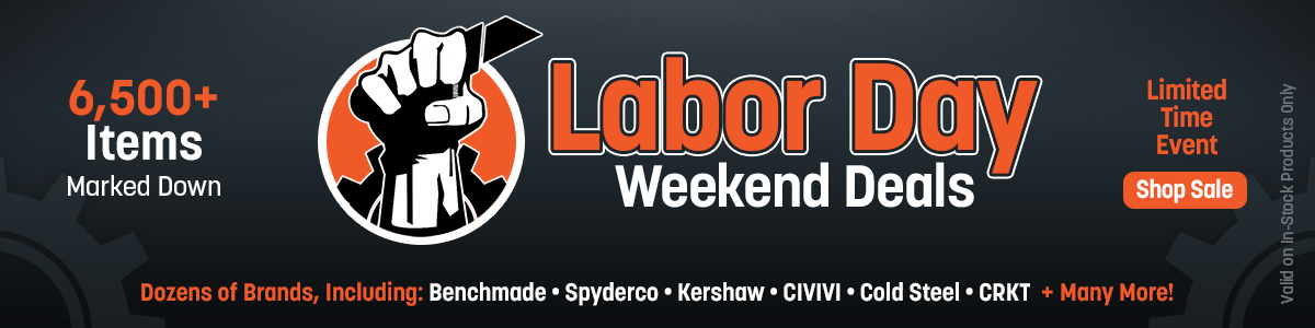 A graphic containing a fist in the air holding a utility knife with gears on gray along with promotional text that reads '6,500+ Items Marked Down, valid on in-stock products only. Labor Day Weekend Deals Dozens of brands, including Benchmade, Spyderco, CIVIVI, CRKT, Kershaw, Cold Steel and many more! Limited time event. Valid on in-stock products only.'. with a call to action reads 'Shop Labor Day Event'.
