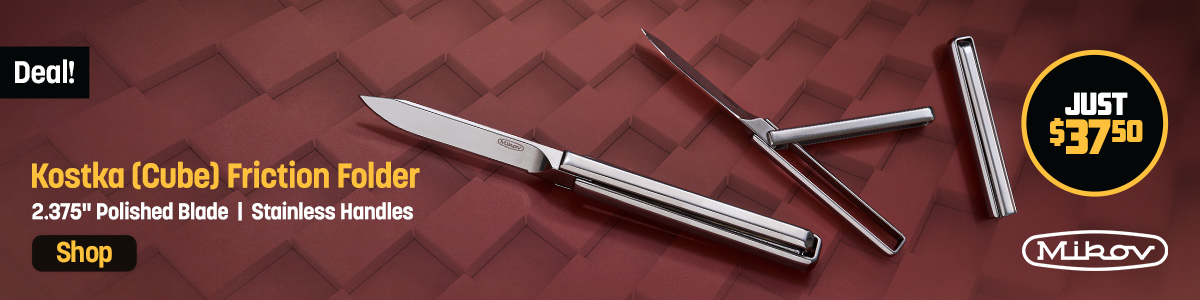 Deal! Mikov Kostka Cube Friction Folder with 2.375 inch poished blade and Stainless handles. Just $37.50. Shop