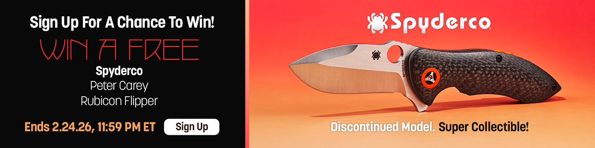 Sign Up for a Chance to Win a Free Spyderco Peter Carey Rubicon Flipper. Ends 2/24/26, 11:59 PM ET.