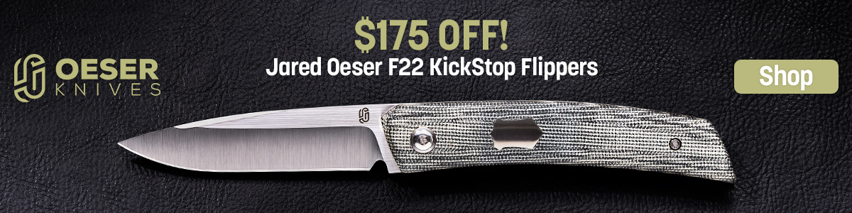 A photo of an open folder on black with text that reads '$100 OFF Oeser Knives Jared Oeser Kickstop Flippers!'Custom Level Quality at Unbeatable Prices! Limited Time Deal! M390 Blade, Lee Willimas Kickstop, Inset Frame Lock, 3 Handles and 3 Hardware Options Available