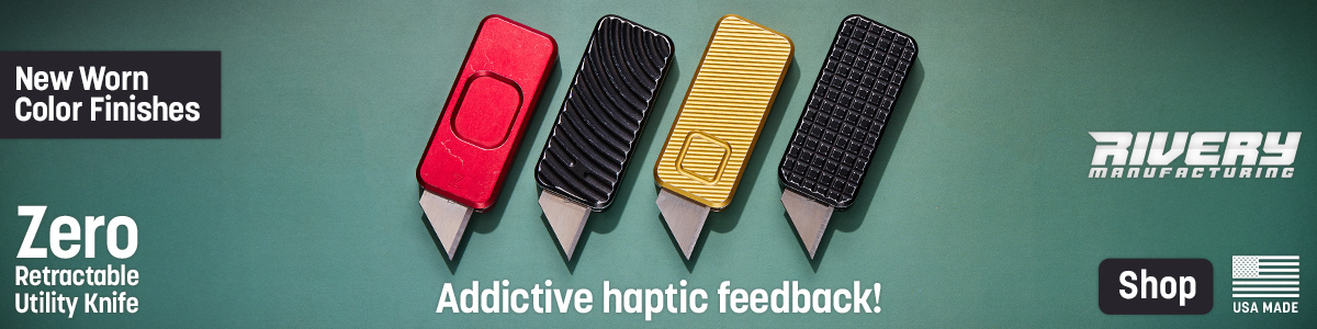 USA-Made Rivery Manufacturing Zero Retractable Utility Knife with New Worn Color Finishes. Addictive Haptic Feedback! Shop