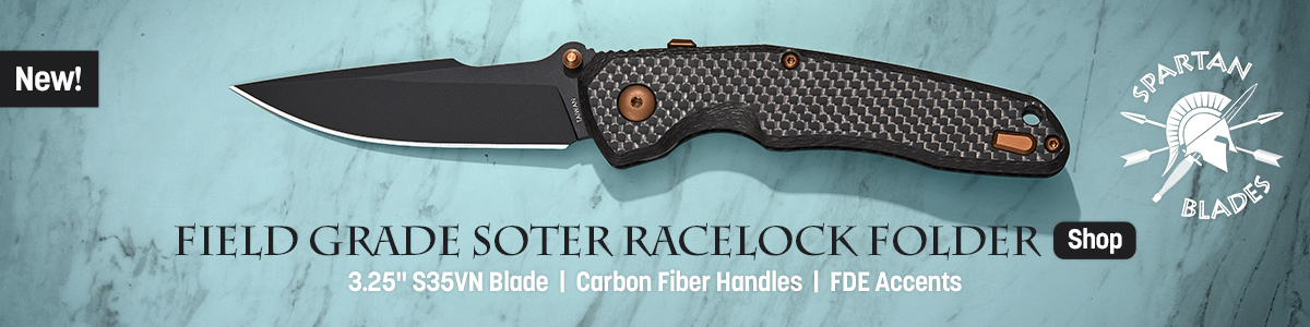 New Spartan Blades Field Grade Soter RaceLock Folder with 3.25 Inch S35VN Blade, Carbon Fiber Handles and FDE Accents. Shop