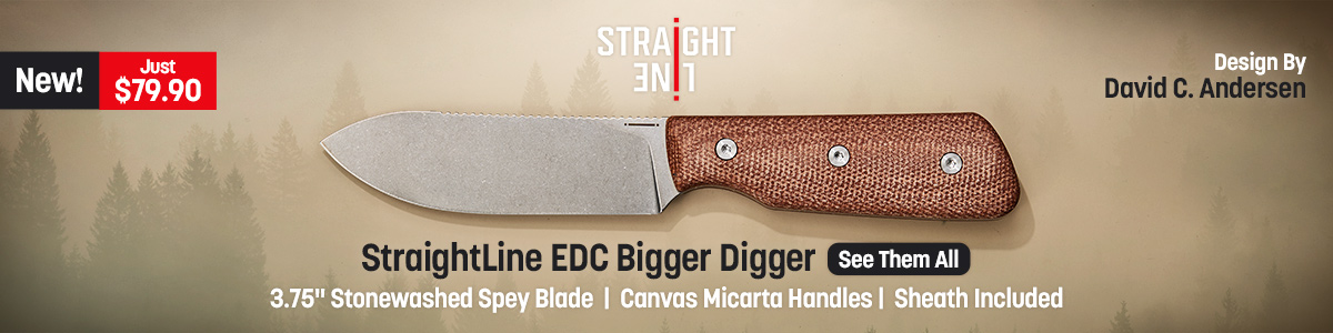 New! Just $79.90. StraightLine EDC Bigger Digger. Design by David C. Andersen. 3.75 inch Stonewashed Spey Blade, Canvas Micarta Handles and Sheath Included. Shop