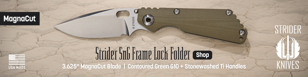 Strider Knives USA-Made MagnaCut SnG CC Frame Lock Folder with 3.625 inch MagnaCut Blade, Contoured Green G10 and Stonewashed Ti Handles. Shop