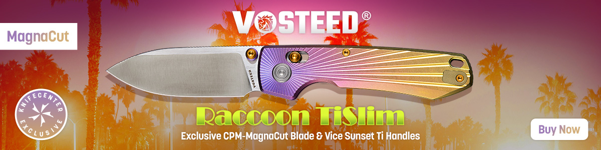 MagnaCut KnifeCenter Exclusive Vosted Raccoon TiSlim with Exclusive CPM-MagnaCut Blade and Vice Sunset Ti Handles. Get Yours