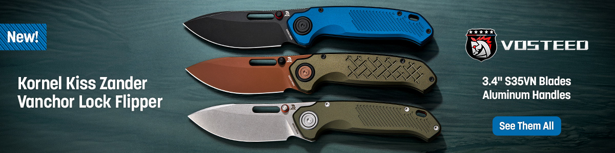 New! Kornel Kiss Zander Vanchor Lock Flipper with 3.4 inch S35VN Blades and Aluminum Handles. See Them All