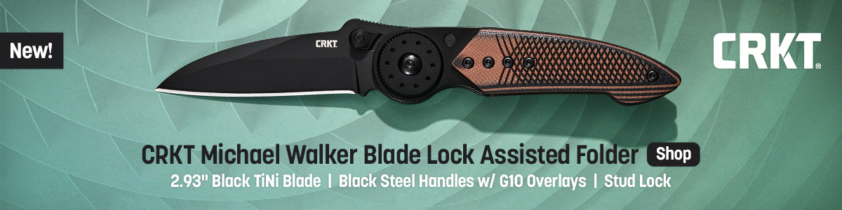 New CRKT Michael Walker Blade Lock Assisted Folder with 2.93 inch Black TiNi Blade, Black Steel Handles w/ Brown and Black G10 Overlays and Stud Lock. Shop