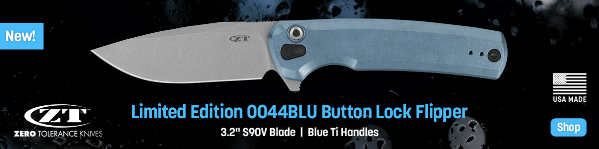 New USA MAde ZT 0044BLU Button Lock Flipper with 3.2 Inch S90V Blade Blue Ti Handles. Shop