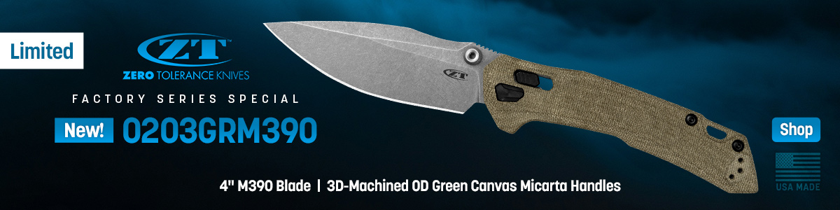Limited; USA Made ZT 0203GRM390 Factory Series Special with 4 inch M390 Blade and 3D-Machined OD Green Canvas Micarta handles. Shop