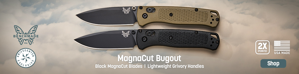 USA Made KnifeCenter Exclusive MagnaCut Benchmade Bugout. Double Points. Black MagnaCut Blades, Lightweight Grivory Handles. Shop