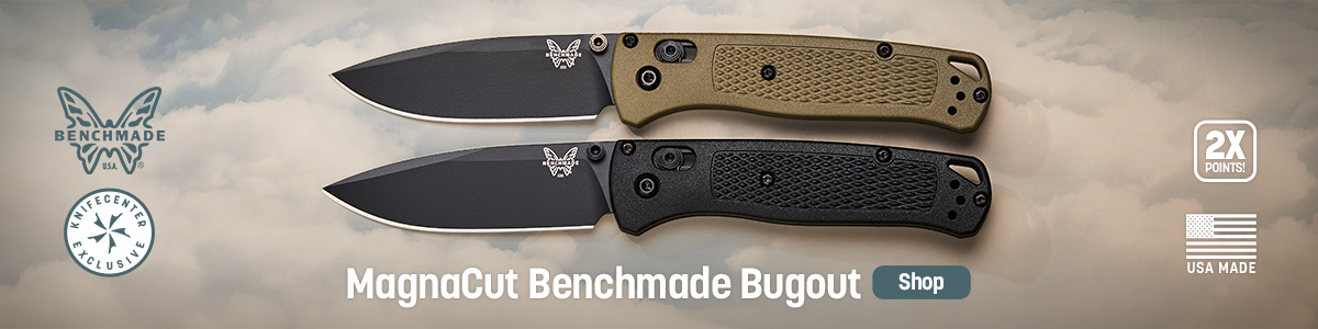 USA Made KnifeCenter Exclusive MagnaCut Benchmade Bugout. Double Points. Black MagnaCut Blades, Lightweight Grivory Handles. Shop