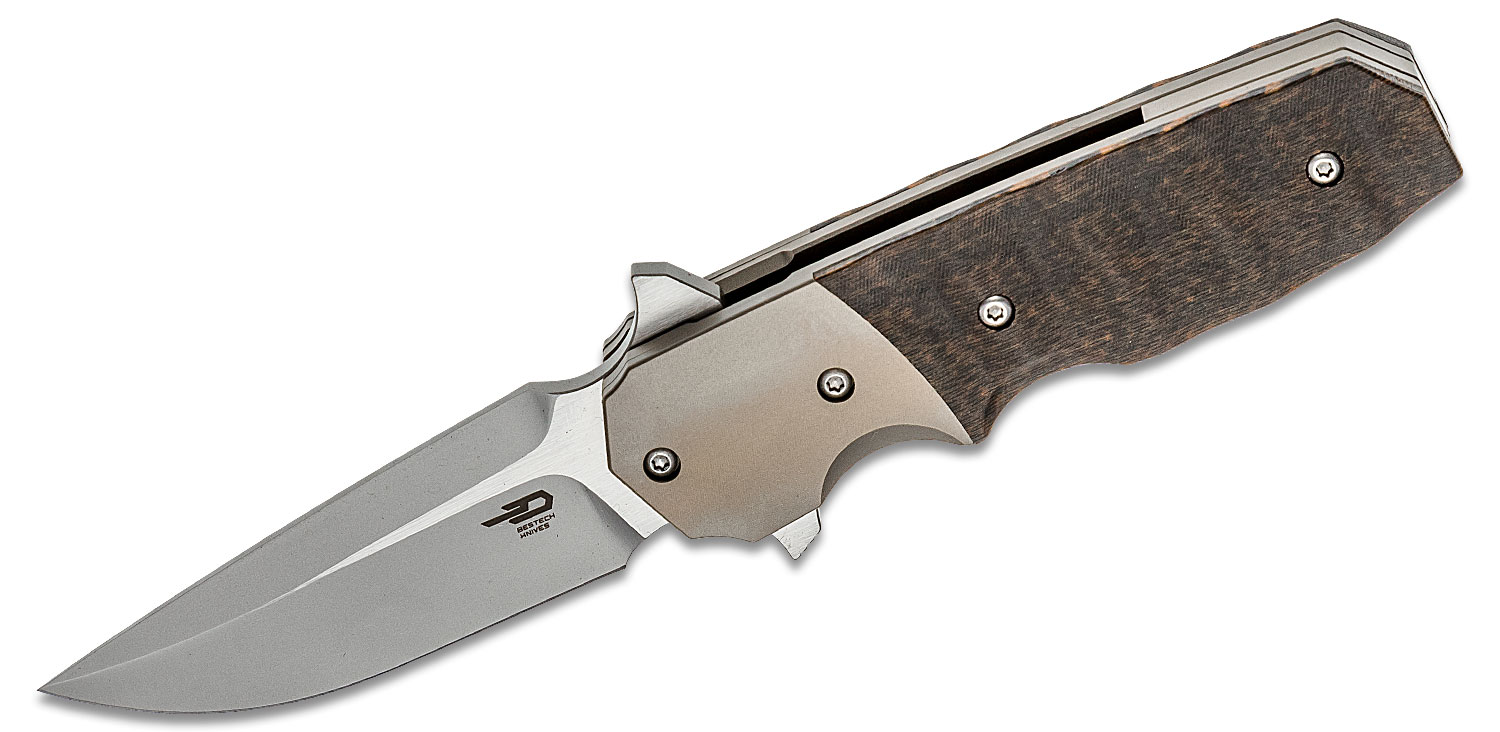 Bestech Knives Jason Clark Freefall Flipper Knife 2.76 inch S35VN Two-Tone Drop Point Blade, Orange/Black Carbon Fiber Handles with Bronze Titanium Bolsters