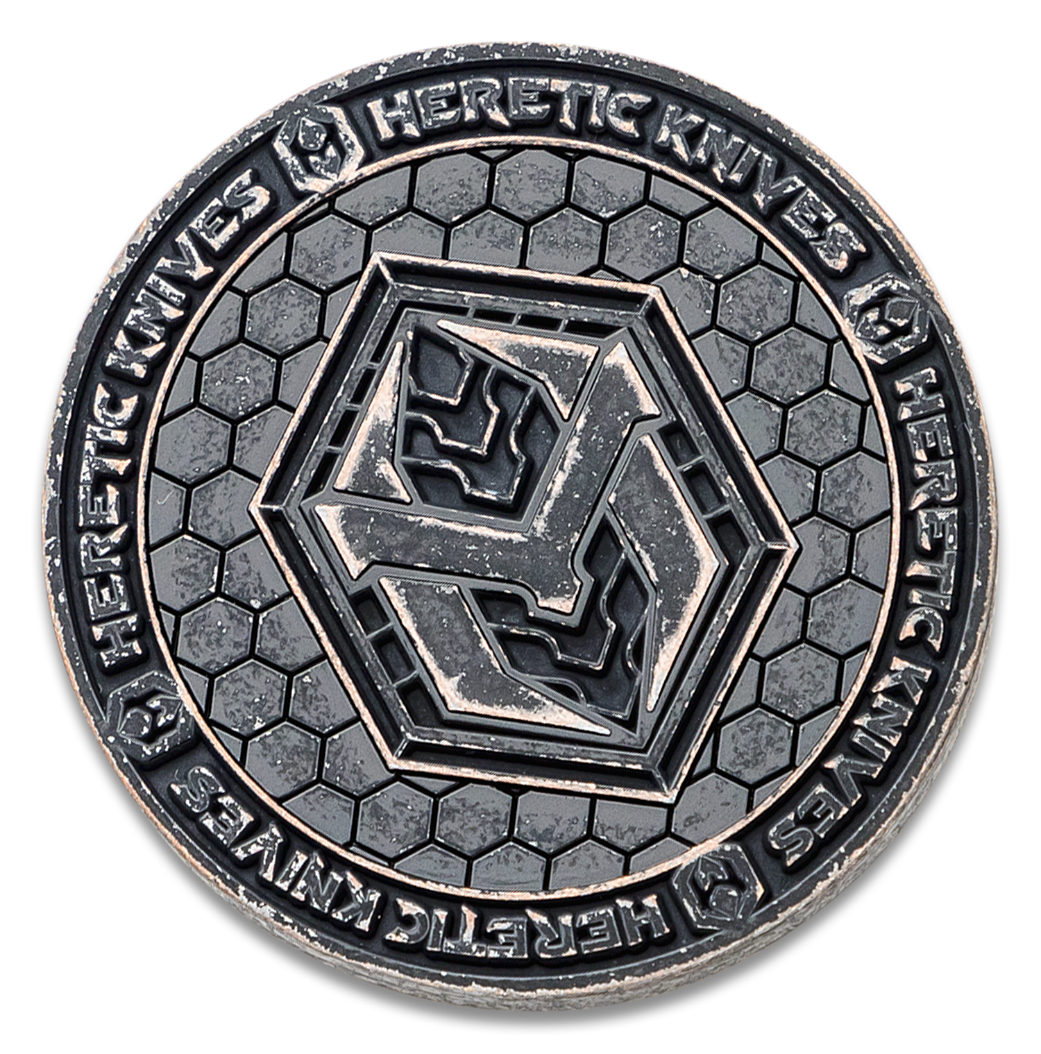 Heretic Knives Pariah Battle Black Challenge Coin - KnifeCenter