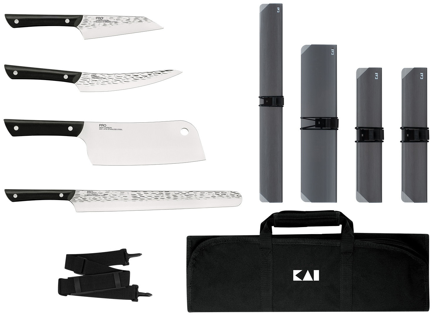 KAI PRO 5 Piece BBQ Set with Knife Roll, Hammered Finish Blade, Black