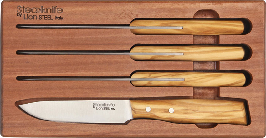 Lionsteel 4 Piece Steak Knife Set In Wooden Gift Box Olive Wood Handle