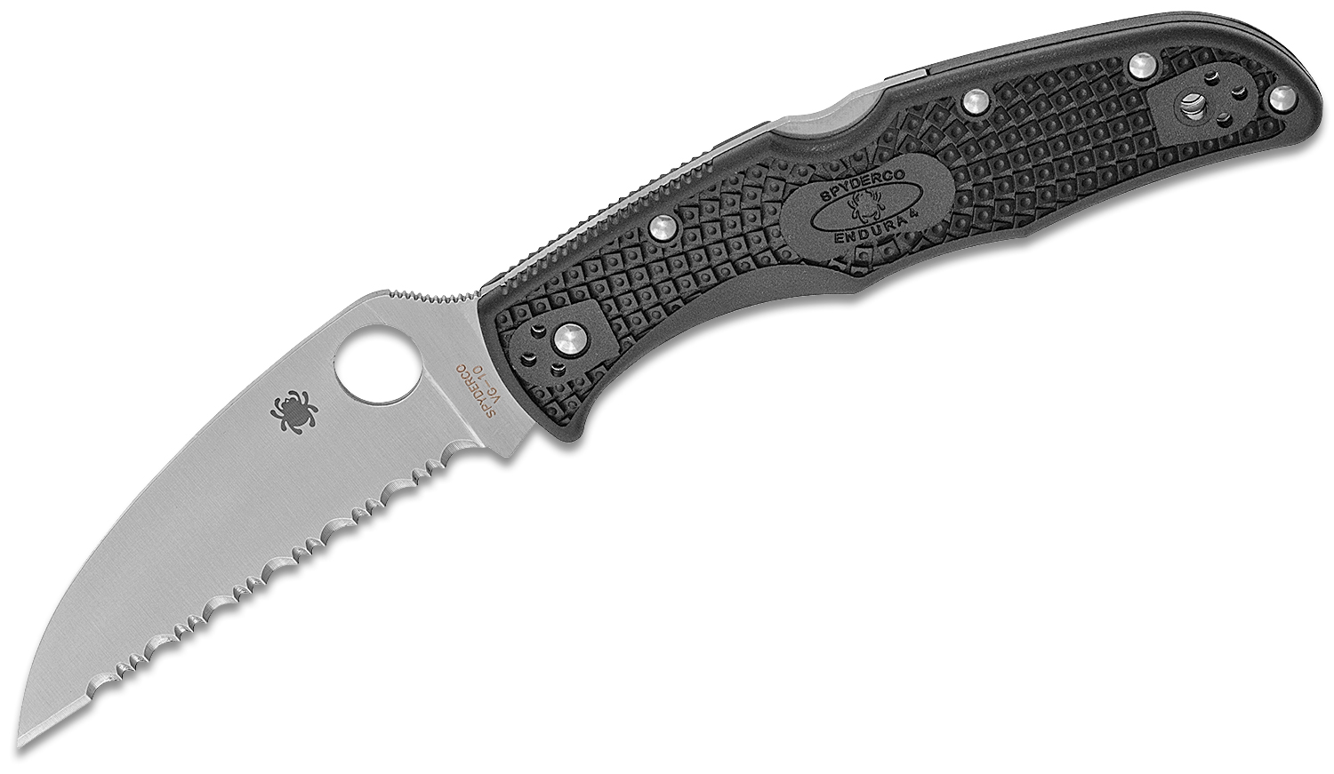 Spyderco Endura 4 Wharncliffe Folding Knife 3.78" VG10 Satin Serrated Blade, Black FRN Handles