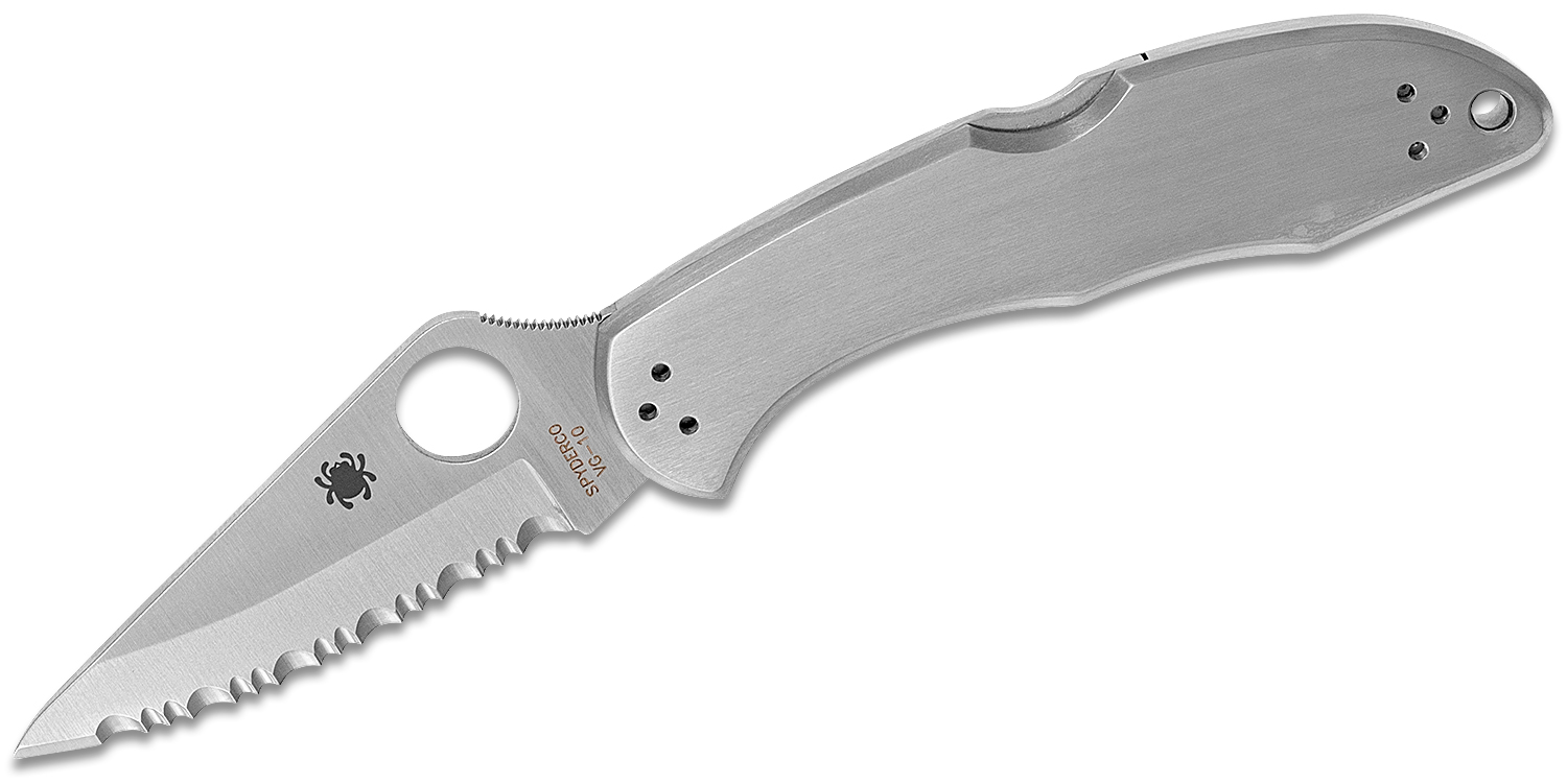 Spyderco Delica 4 Folding Knife 27/8" VG10 Satin Serrated Blade, Stainless Steel Handles