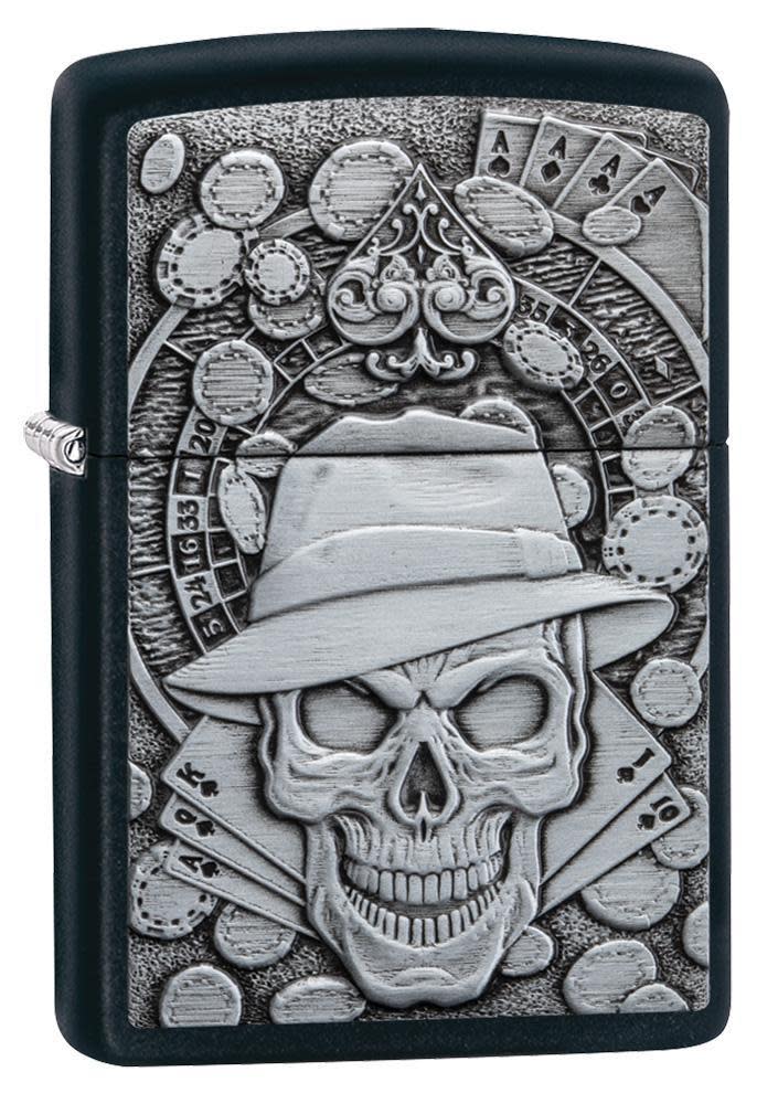 Zippo Lighter Black Matte, Gambler Skull Emblem - KnifeCenter