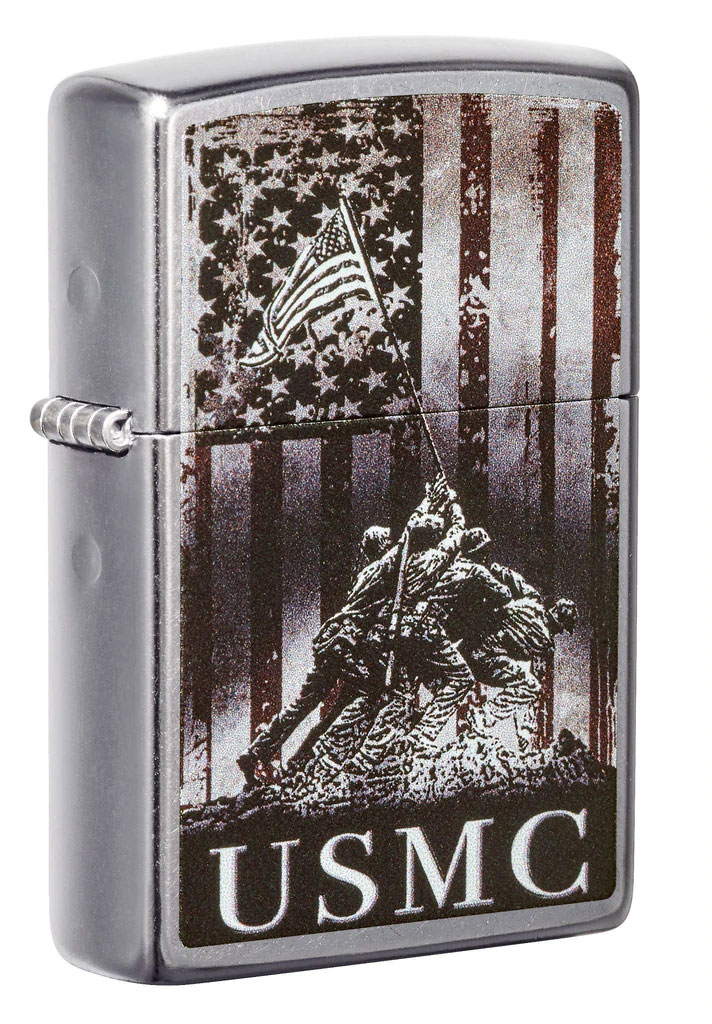 Zippo Lighter Street Chrome, USMC Iwo Jima - KnifeCenter - 49316